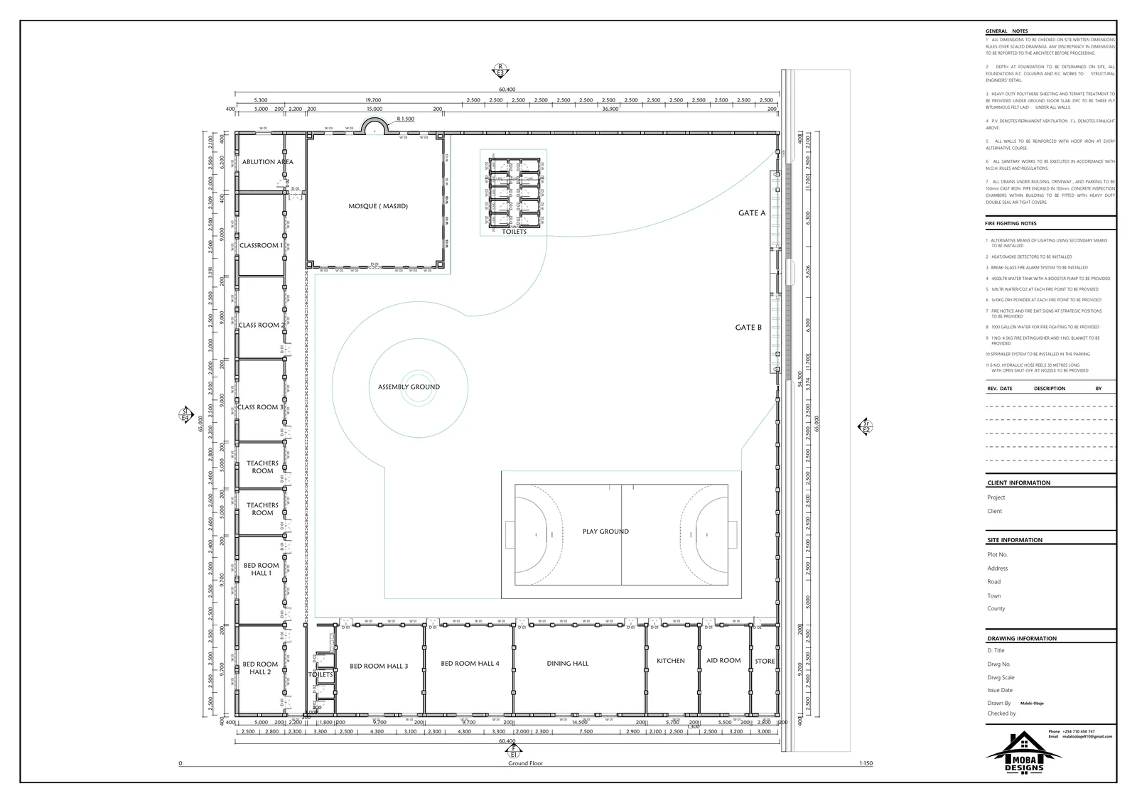 Architectural ground-floor plan of the L-shaped orphanage campus showing mosque, classrooms, bed halls, dining hall, kitchen, and playground